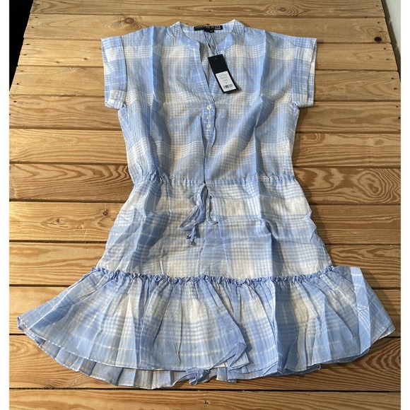 NWT Veronica Beard Hanne Dress Size Large Blue White Ruffle Hem MSRP $348